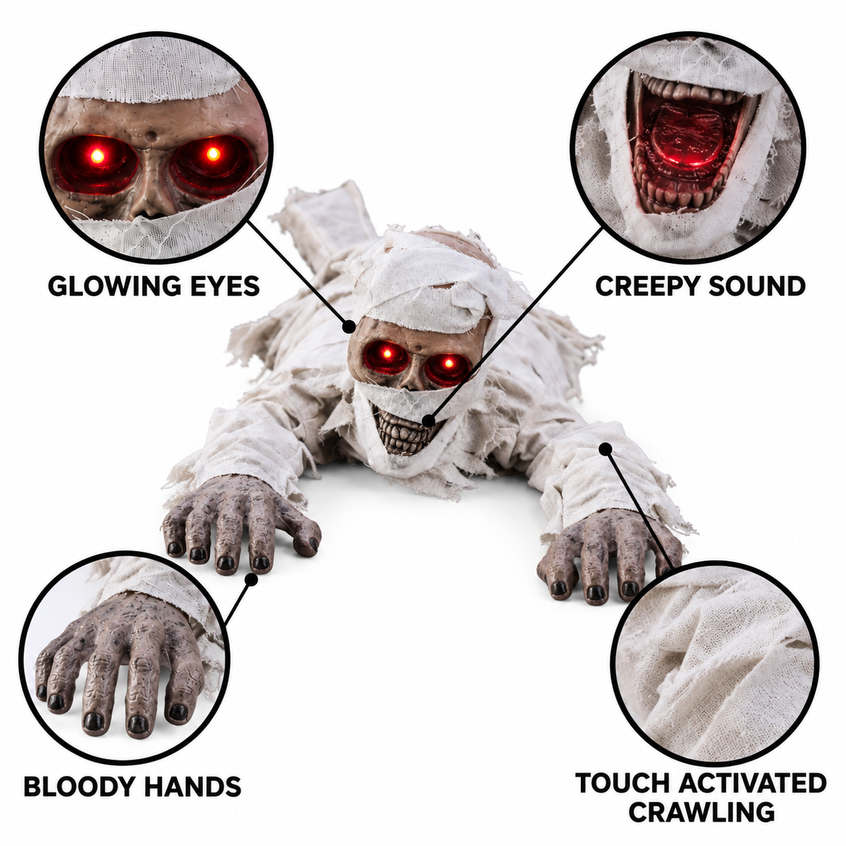 Crawling Mummy – Animated Halloween Prop with Glowing Red Eyes